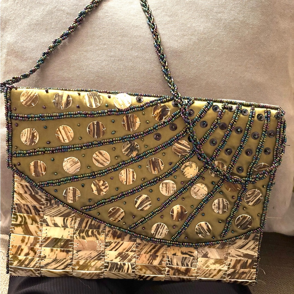 Chic Beaded Clutch in Olive and Gold
